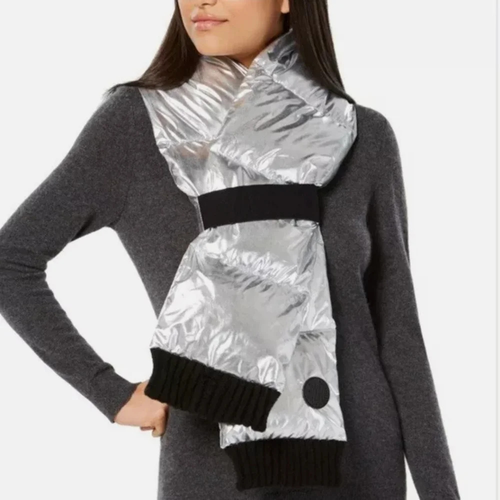 DKNY Metallic Silver Quilted Puffer Scarf NEW Modern Contemporary Winter…